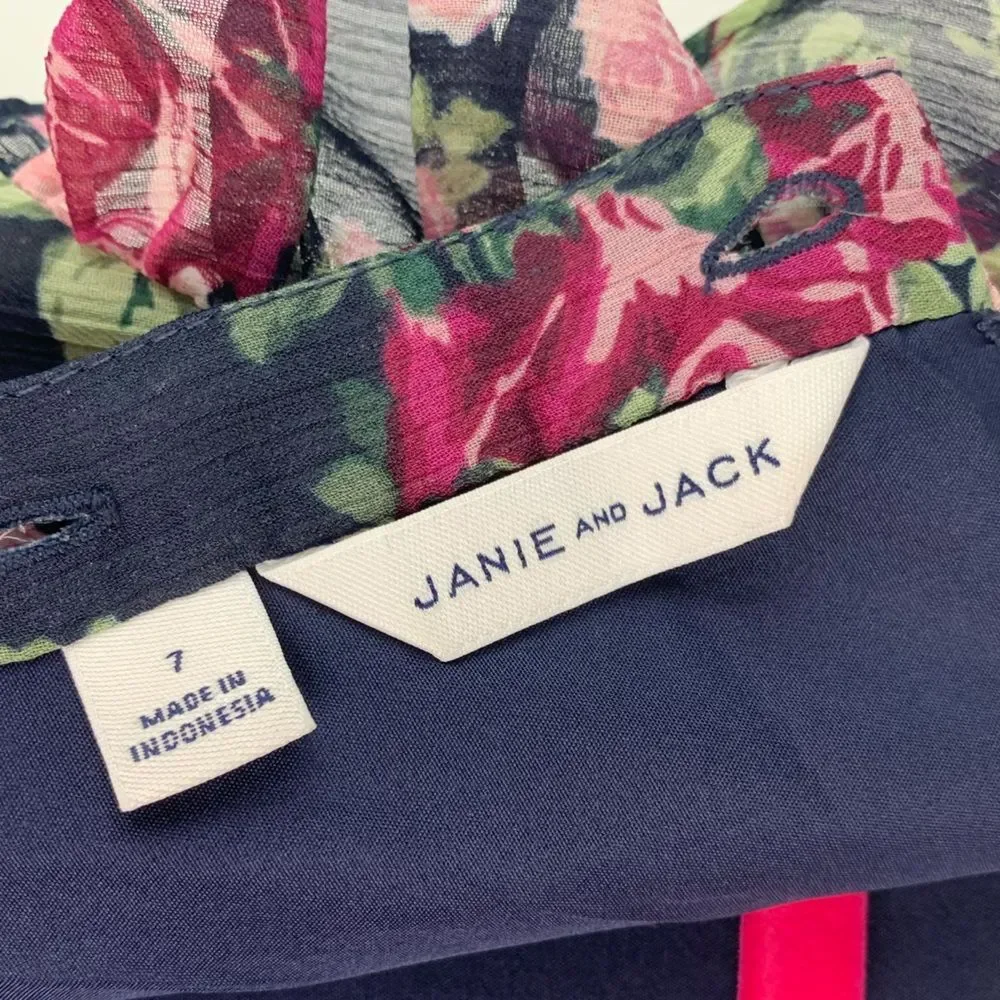 Janie And Jack Girl’s Navy Pink Floral Chiffon Ruffle Dress Size 7